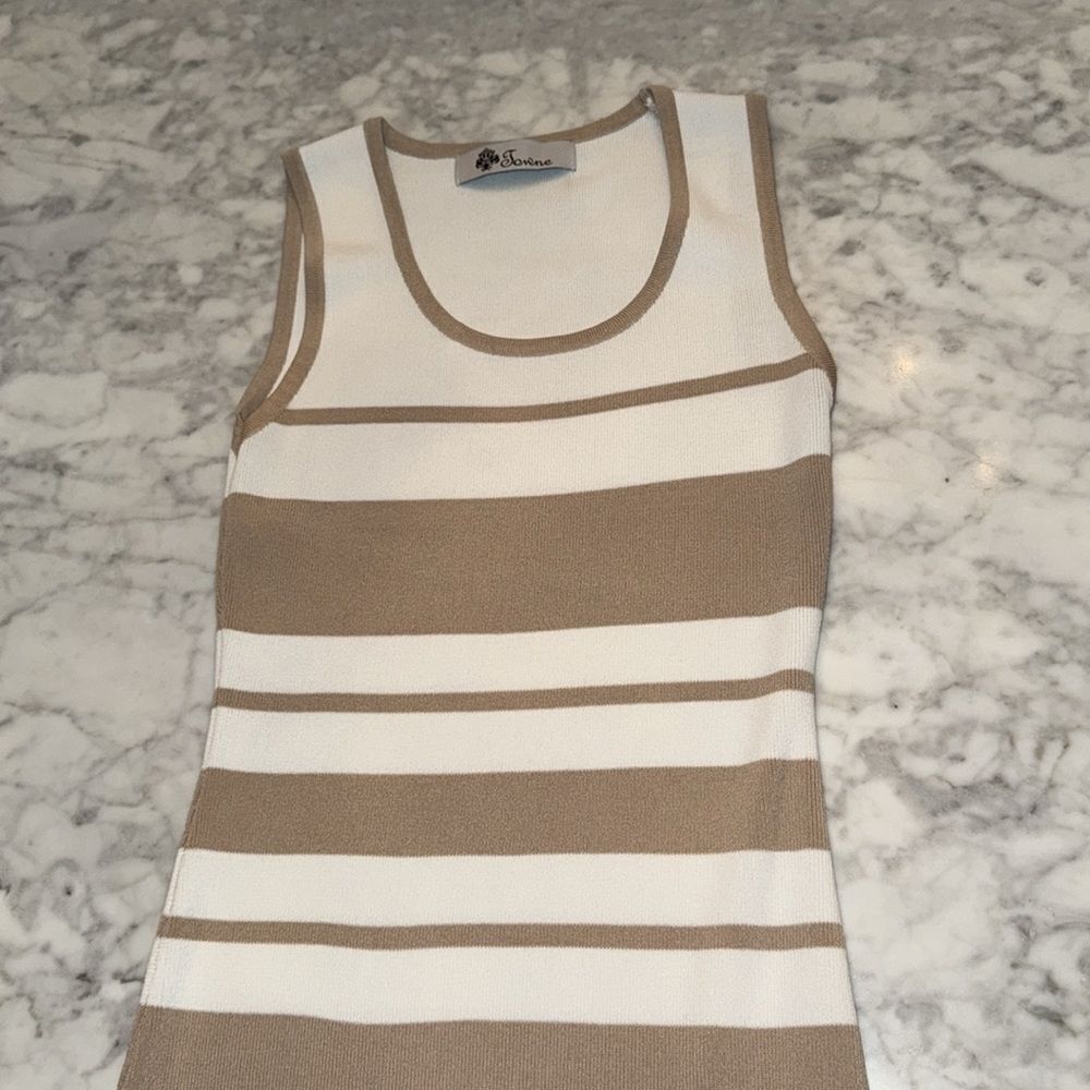 Elegant Tan and White Striped Dress S - Picture 4 of 4